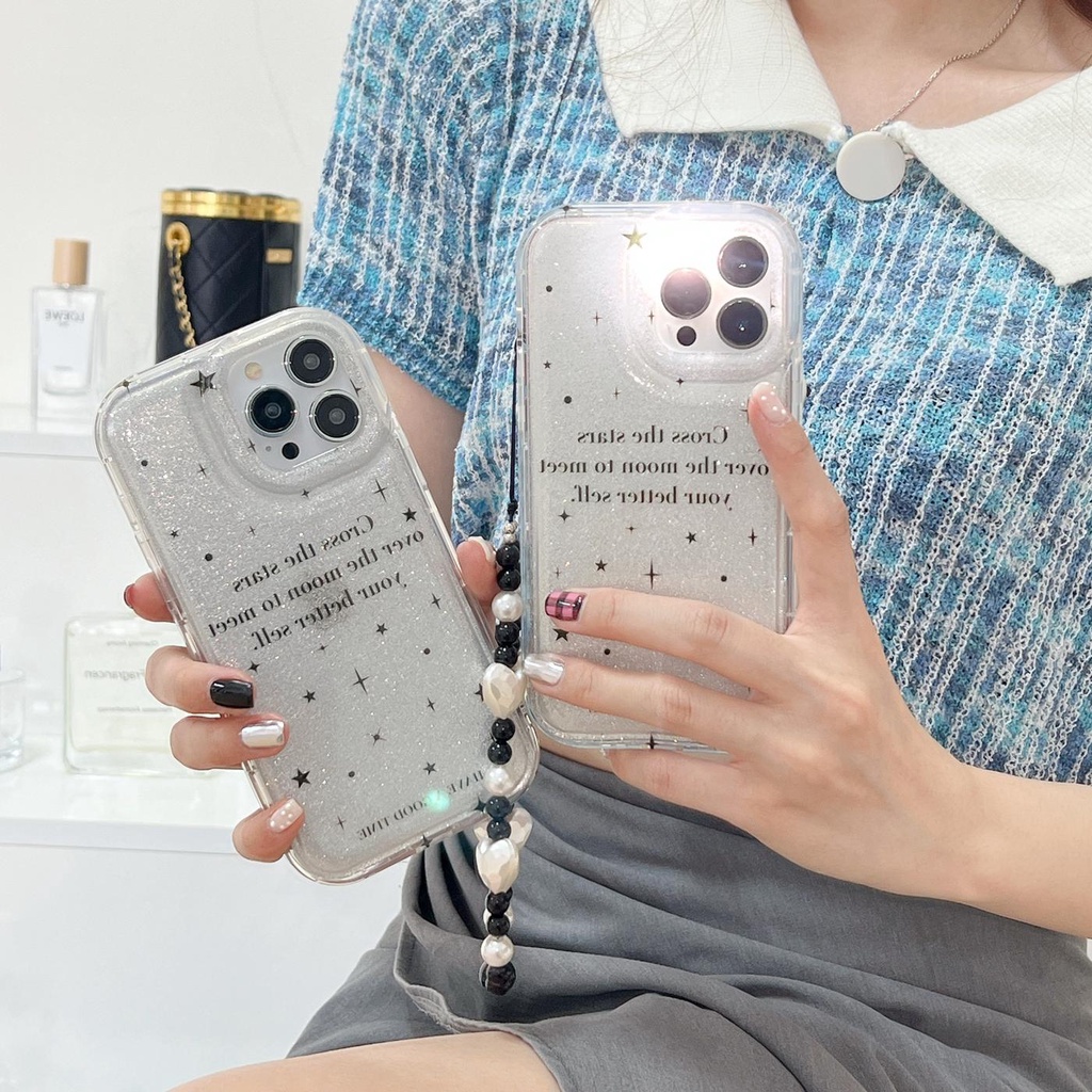 Ốp Điện Thoại Tpu Mềm Trong Suốt Hai Mặt Chống Sốc Phối Dây Xích Ngọc Trai Cho iphone 14Pro Max 13 12 11