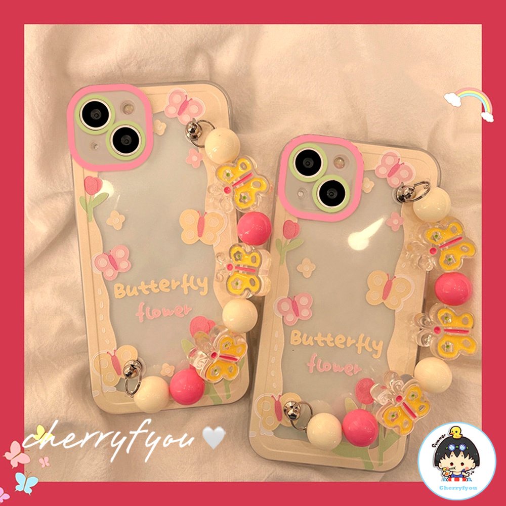 Ốp Điện Thoại TPU Dẻo Họa Tiết Bươm Bướm Màu Hồng Dễ Thương Chống Sốc Kèm Vòng Đeo Tay Cho IPhone 11 12 13 14 Pro Max