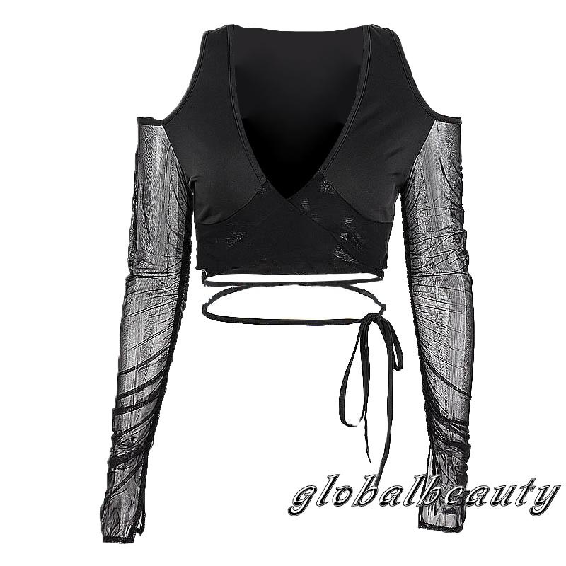 Áo Croptop Tay Dài Màu Trơn Cổ Chữ V Phong Cách Đường Phố Cho Nữ