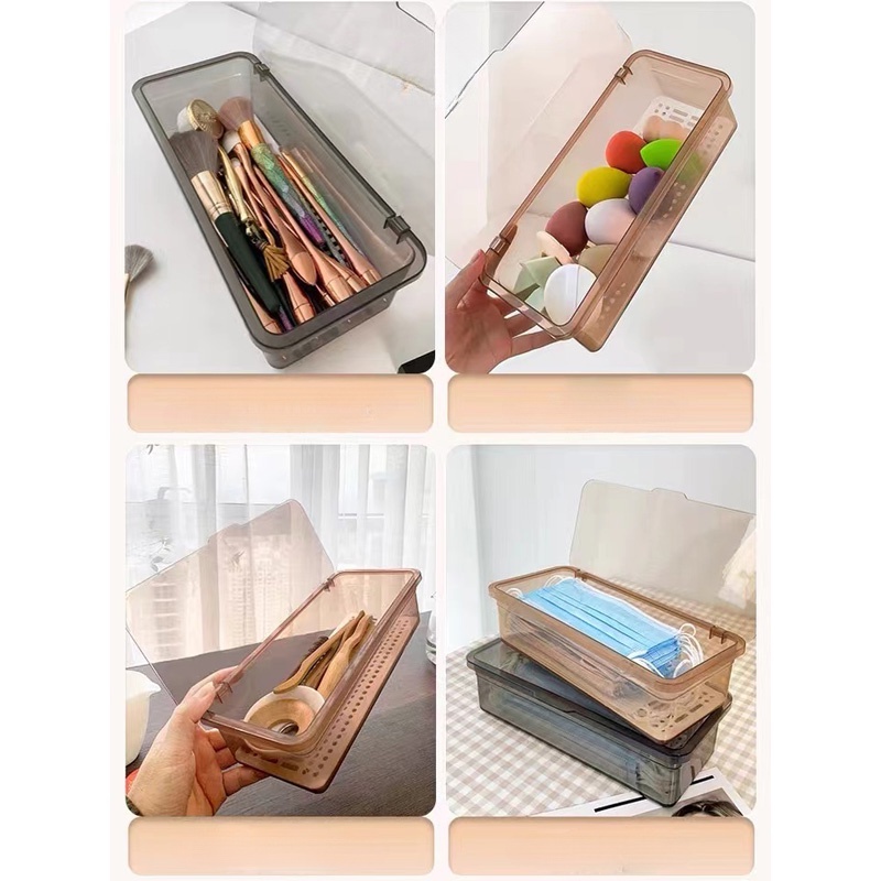 Hộp đựng thìa dĩa có nắp đậy, hộp đựng đồ dùng đa năng đựng khẩu trang,cọ trang điểm chống bụi thoát nước hiệu quả HSU