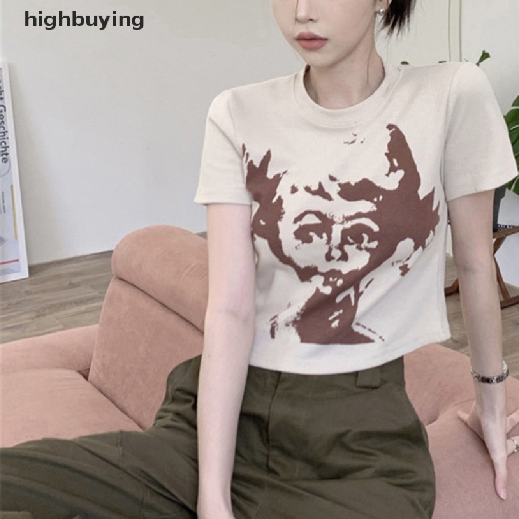 Áo Thun Lửng Ngắn Tay Cổ Tròn In Họa Tiết Phong Cách Retro Mỹ