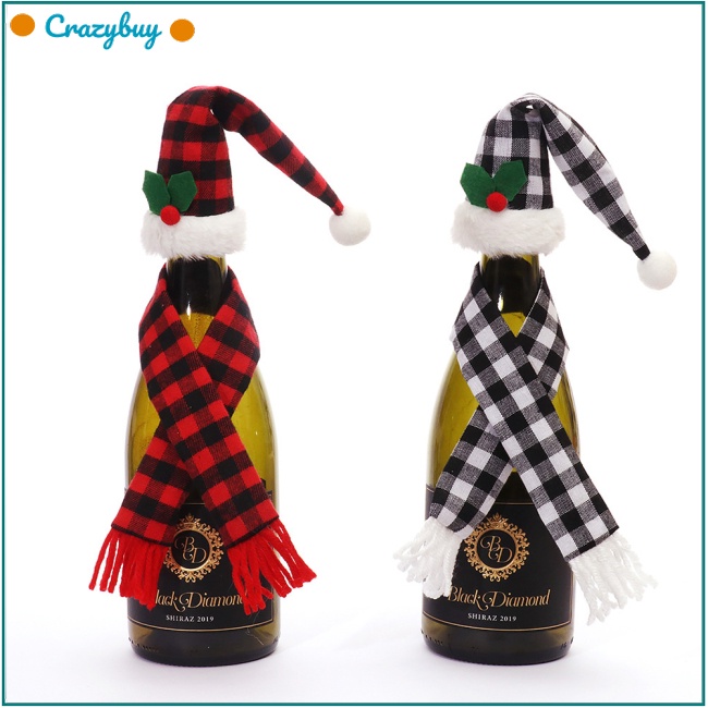 Cr Set Áo Bọc Chai Rượu Phối Khăn Choàng / Nón Họa Tiết Caro Phong Cách Giáng Sinh Độc Đáo