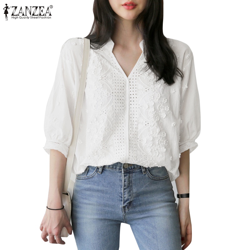Zanzea Áo Nữ Tay Phồng Cổ Chữ V Thời Trang Phong Cách Hàn Quốc