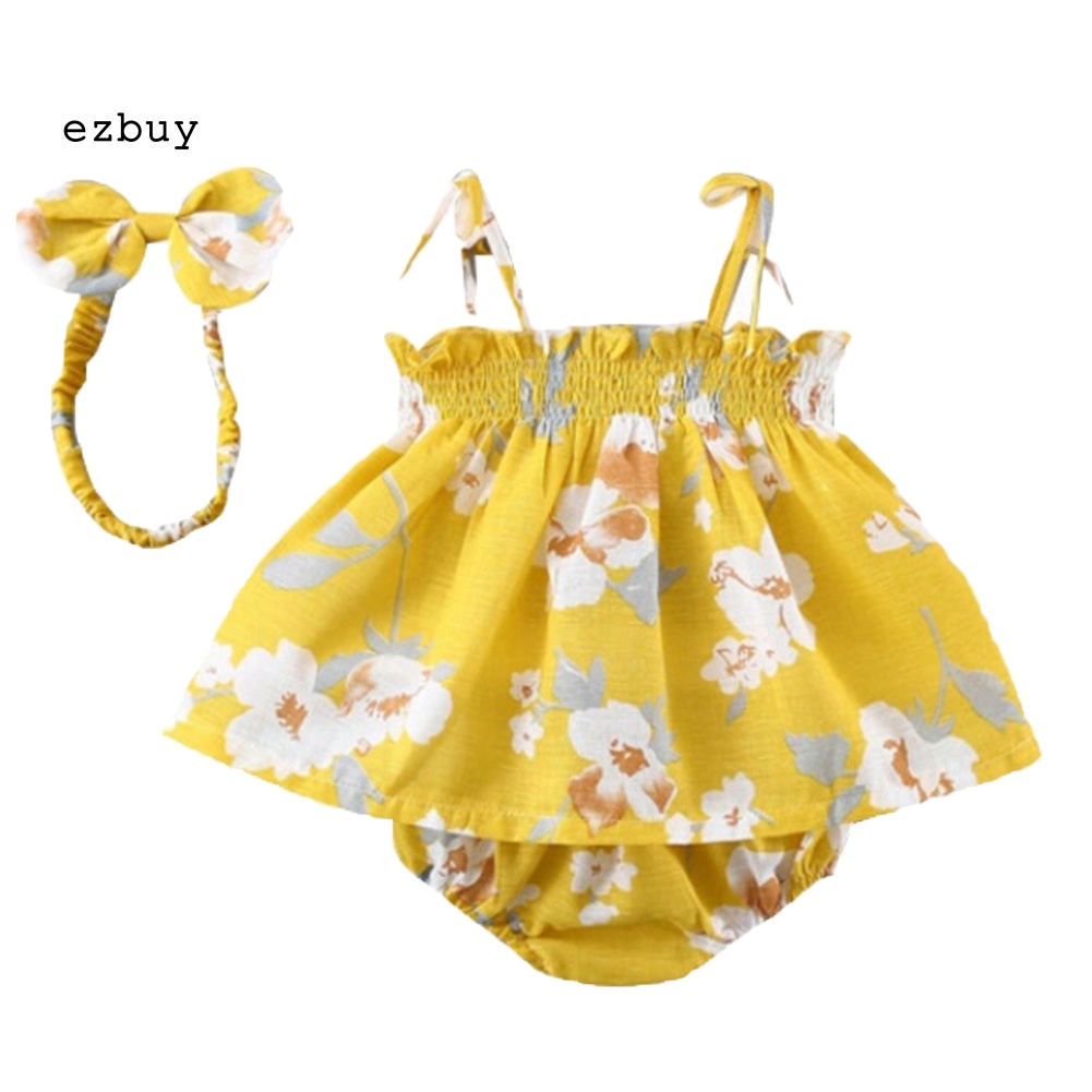 Set Đồ 3 Món Áo Thun Không Tay In Hoa + Quần Ngắn + Băng Đô Dành Cho Bé Gái