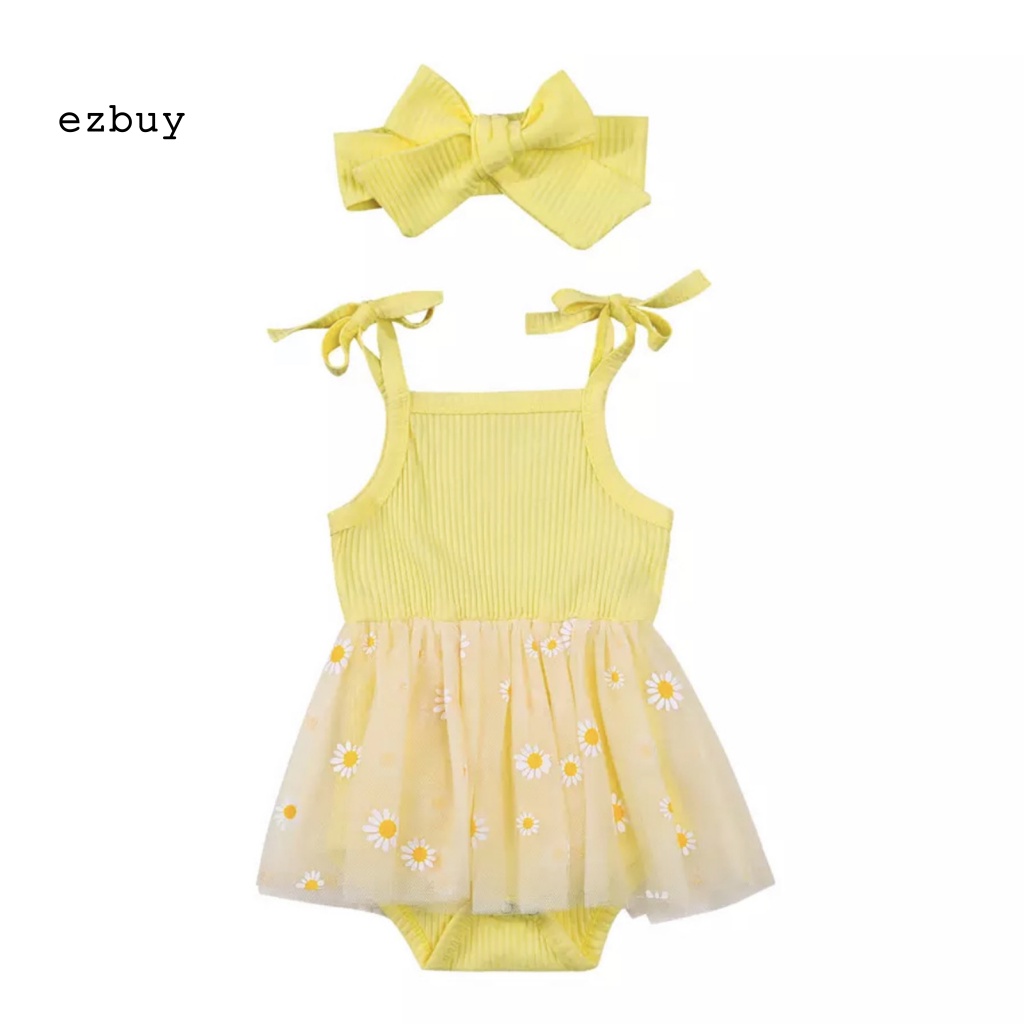 [EY] Bộ Áo Liền Quần Màu Trơn Thắt Nơ In Hoa Phối Lưới Kèm Băng Đô Cài Tóc Cho Bé Gái