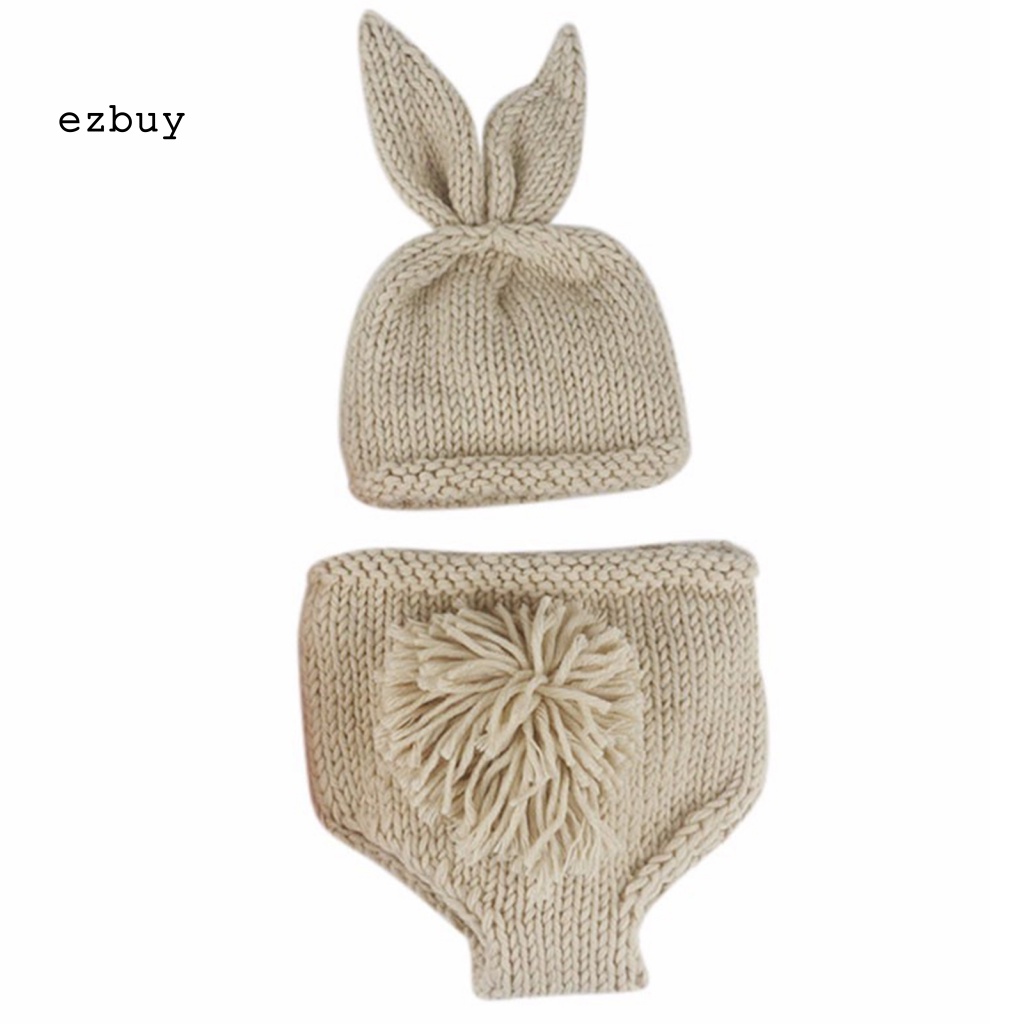 1 Set Mũ Tai Thỏ Đan Len Thủ Công + Quần Short Dùng Làm Đạo Cụ Chụp Ảnh Cho Bé Sơ Sinh