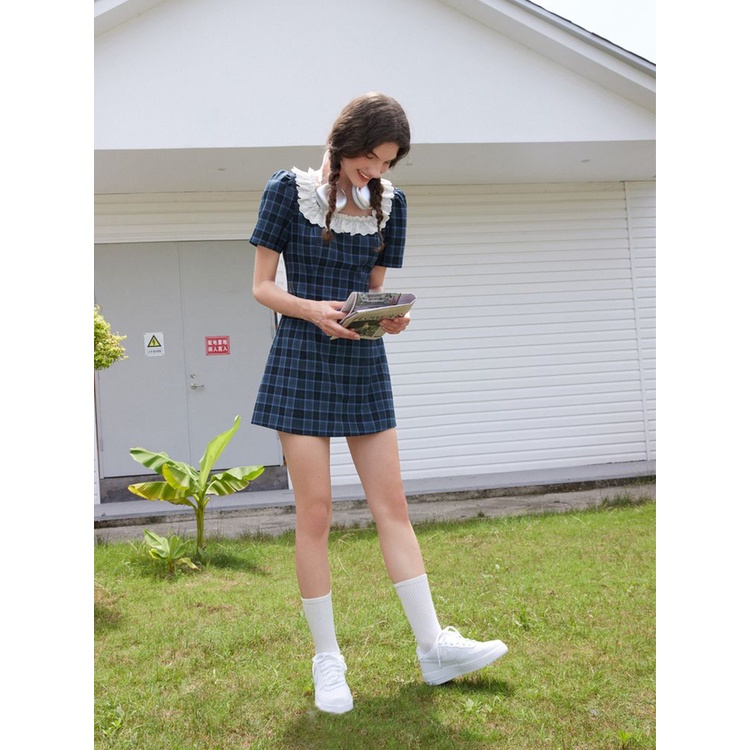 Đầm Ngắn Dáng Chữ A Cổ Vuông Họa Tiết Kẻ Sọc Màu Tương Phản Thời Trang Mùa Hè Hàng Mới 2023