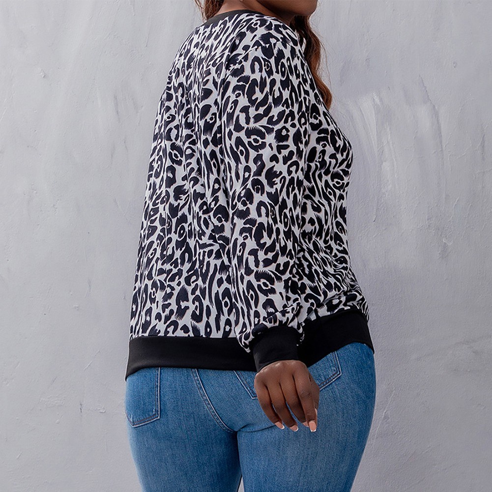 Áo Thun Nữ Cổ Tròn Dài Tay In Họa Tiết Da Báo Plus Size MM0411