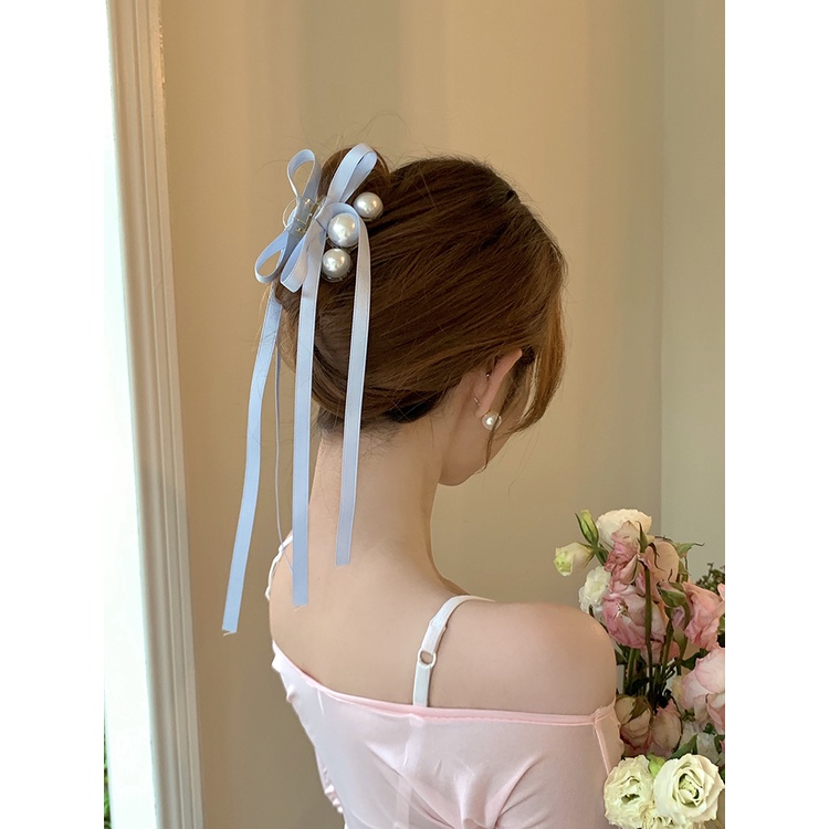 Kẹp Tóc Ruy Băng Đính Ngọc Trai Nhân Tạo Kiểu Dáng Thời Trang