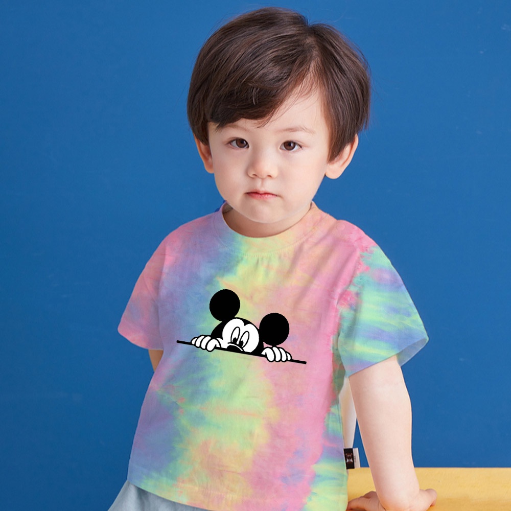 Áo Thun Tay Ngắn In Hình Chuột Mickey Màu Nhuộm Thoải Mái Thời Trang Cho Bé Trai Và Gái