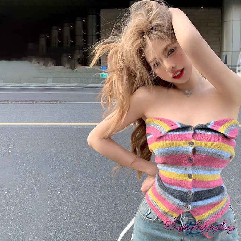 Áo Dệt Kim Trễ Vai Kẻ Sọc Thời Trang Cho Nữ