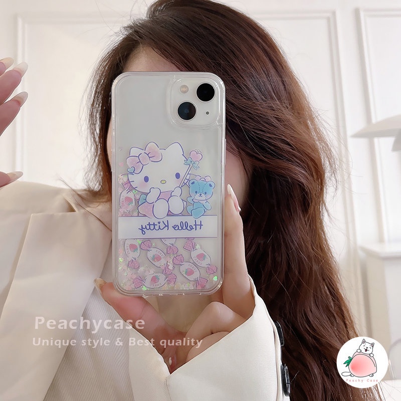 Ốp Điện Thoại Nhựa PC Cứng Acrylic Hình Mèo Kitty Màu Hồng Cát Lún iPhone 14 13 12 Pro Max 11 Xr 6 8 7 Plus XsMax X