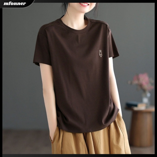 Áo Thun Tay Ngắn Cổ Tròn Thêu Hình Thỏ Dễ Thương Dành Cho Nữ