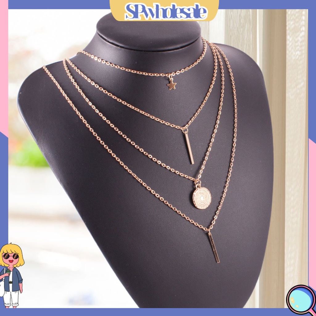 &lt;SPwholesale&gt; Set 4 Vòng cổ 4 Lớp Mặt Hình Học Thanh Lịch Cho Nữ