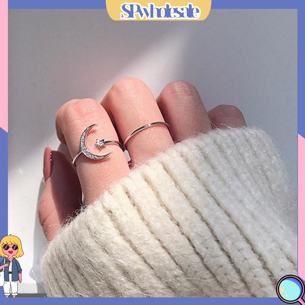 <SPwholesale> Bộ 2 Nhẫn Hở Hình Ngôi Sao Mặt Trăng Đính Đá Thời Trang Cho Nữ