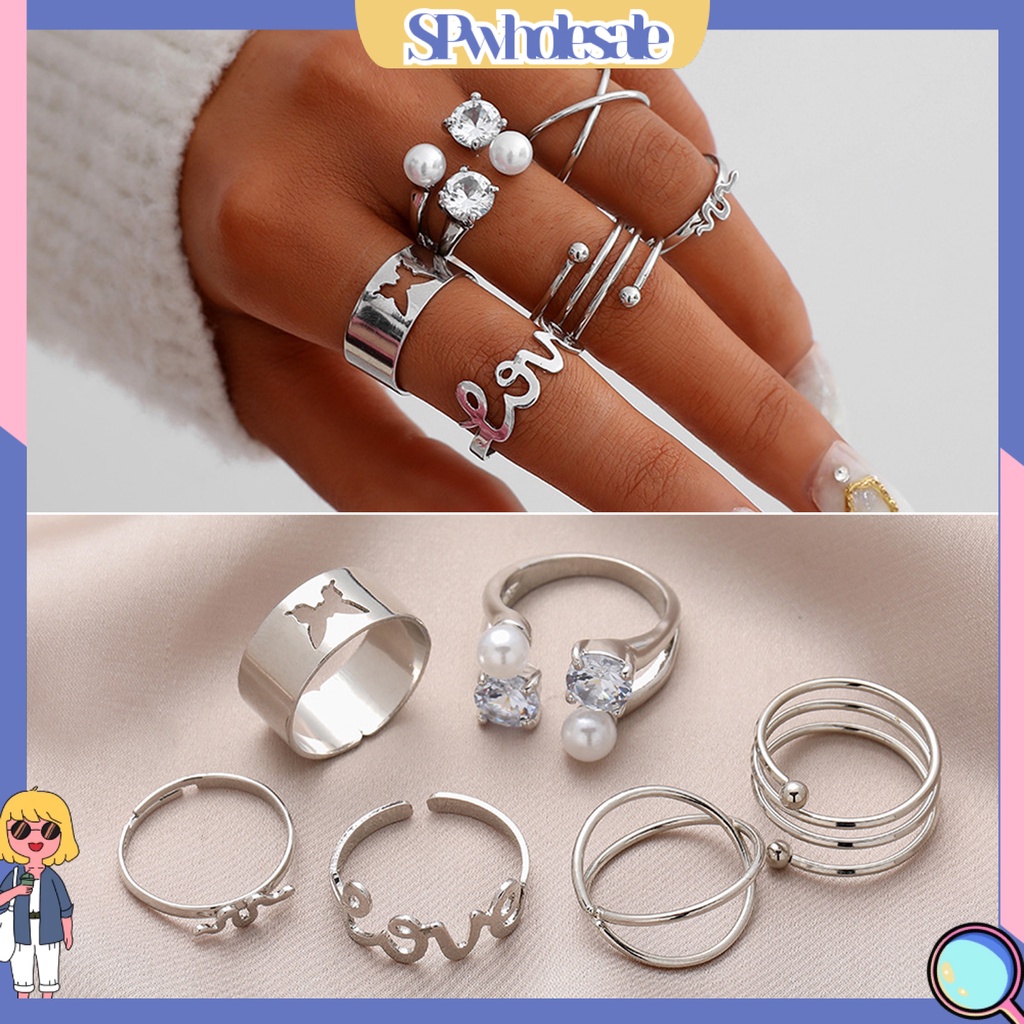 <SPwholesale> Bộ 6 Nhẫn Đeo Ngón Tay Hình Bướm / Ngọc Trai Giả Thời Trang Có Thể Điều Chỉnh Cho Nam Và Nữ