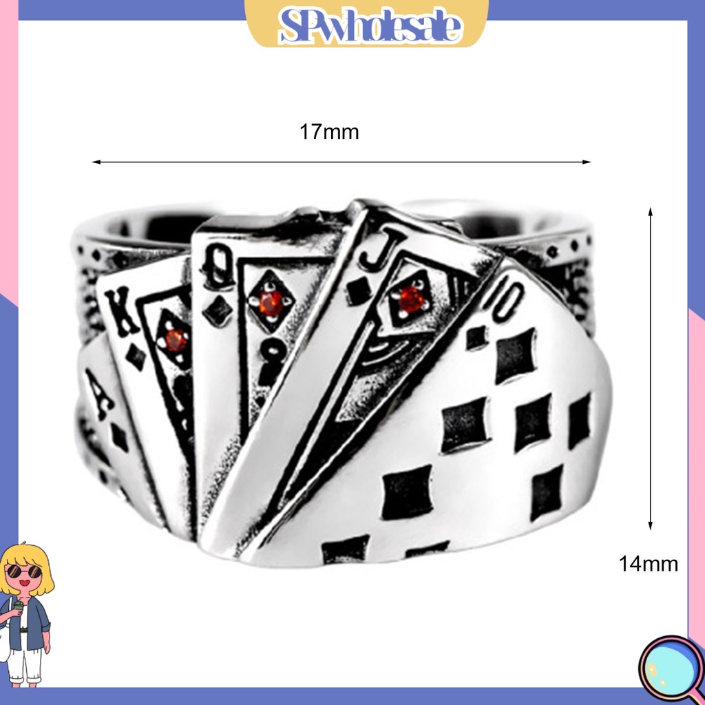 <SPwholesale> Nhẫn Hở Mạ Bạc Khắc Hình Lá Bài Poker Có Thể Điều Chỉnh Kích Cỡ