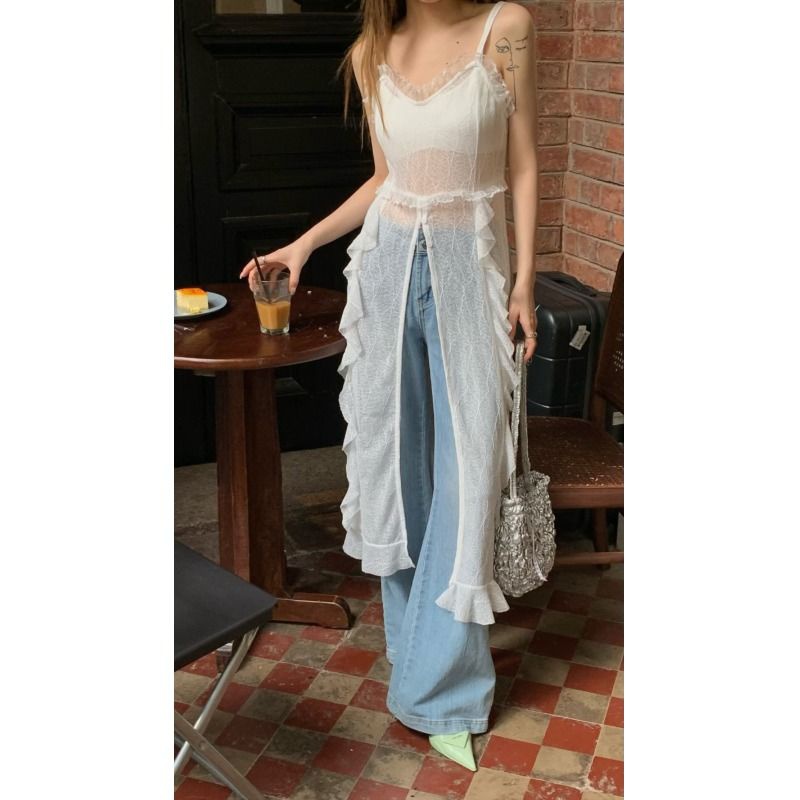 Đầm Hai Dây Mỏng Viền Ren Hở Lưng Màu Trắng Thời Trang Mùa Hè