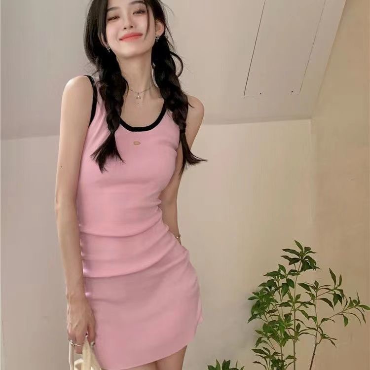 Jiashuchengrpin Đầm Ngắn Ôm Dáng Không Tay Bằng Lụa Lạnh Màu Hồng Phong Cách Mỹ Ngọt Ngào Thời Trang Mùa Hè Hàng Mới Dành Cho Bạn