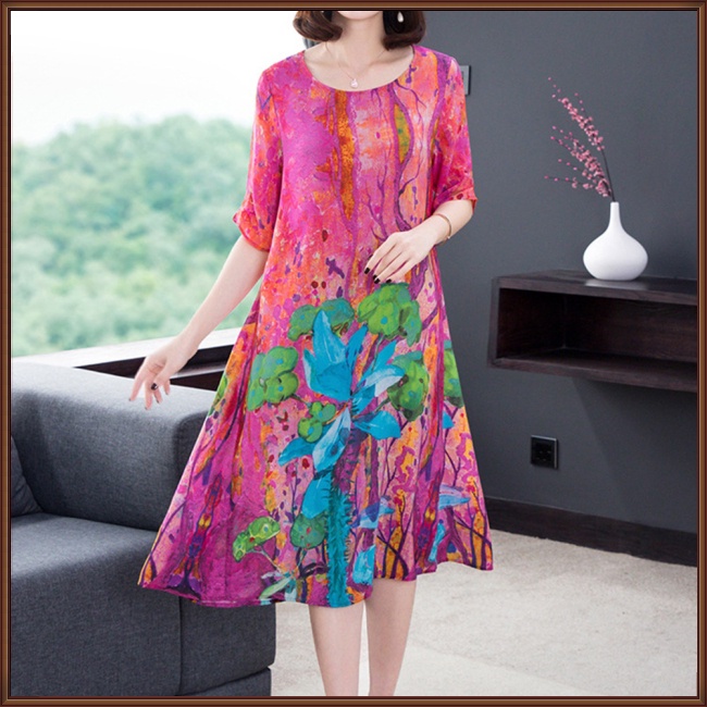 Đầm Tay Ngắn Cổ Tròn Dáng Rộng Chất Liệu Lụa Lạnh In Họa Tiết Thời Trang Cho Nữ