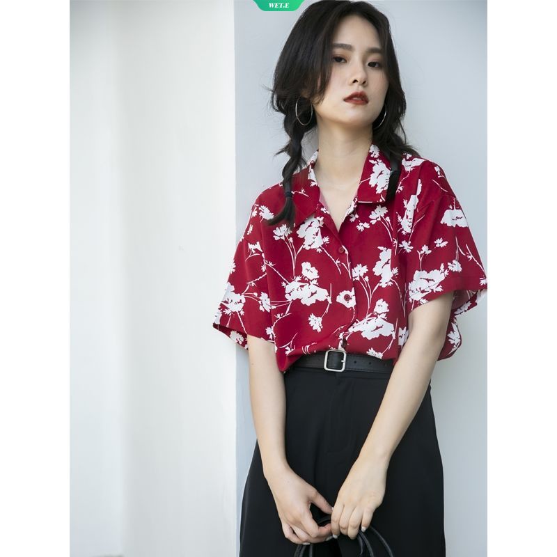 Áo Sơ Mi Chiffon Tay Ngắn Màu Đỏ In Họa Tiết Vintage Thời Trang Mùa Hè 2023 Cho Nữ