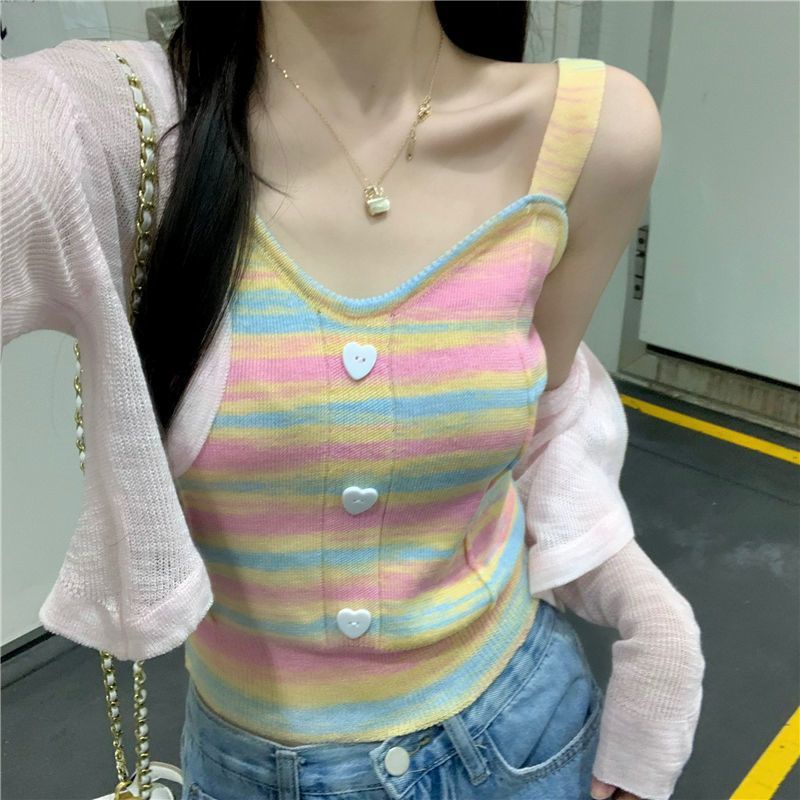 COZOK Áo Dệt Kim Sát Nách Dáng Ôm Kẻ Sọc Cầu Vồng Thời Trang Quyến Rũ