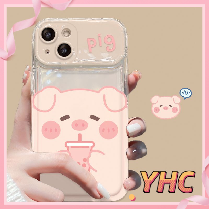 Ốp Lưng iPhone Camera Con lợn nhỏ uống trà sữa, nắp lật, giá đỡ gương, vỏ mềm silica gel chống rơi Cho Iphone 6 / 6S / 6splus / se / 7 / 7plus / 8 / 8plus / X / xs / xsmax / 11 / 12 / 13 / 14 / Plus / pro / pro max-8011