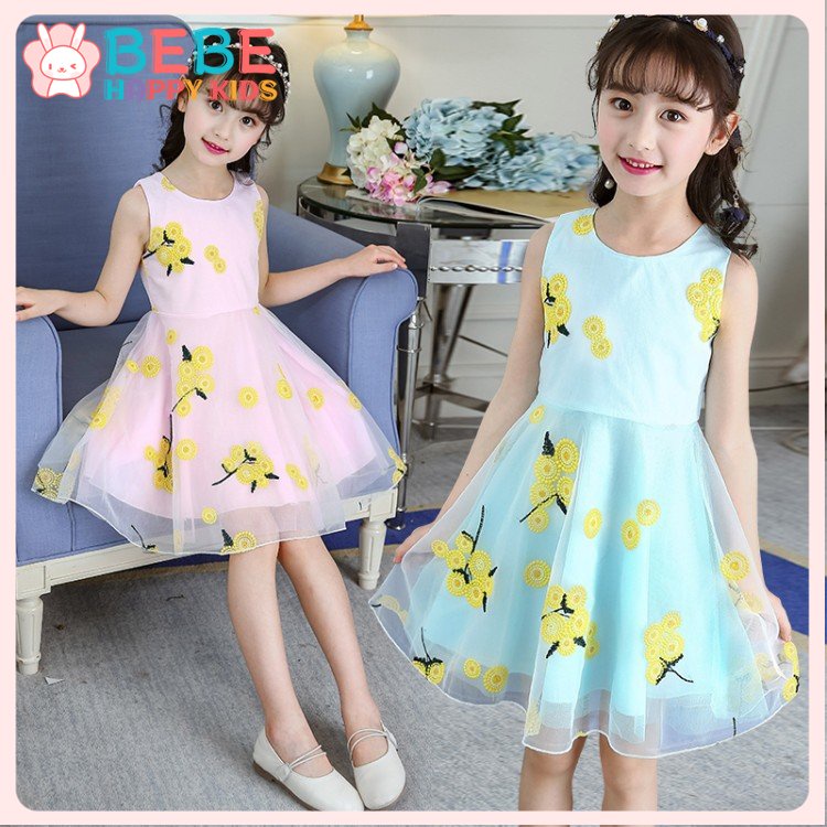 váy công chúa,váy hè cho bé,váy đẹp cho bé gái,váy thun bé gái,Đầm Công Chúa Không Tay In Hình Hoa Hướng Dương Hồng / Xanh Lá / Vàng Cho Bé Gái
