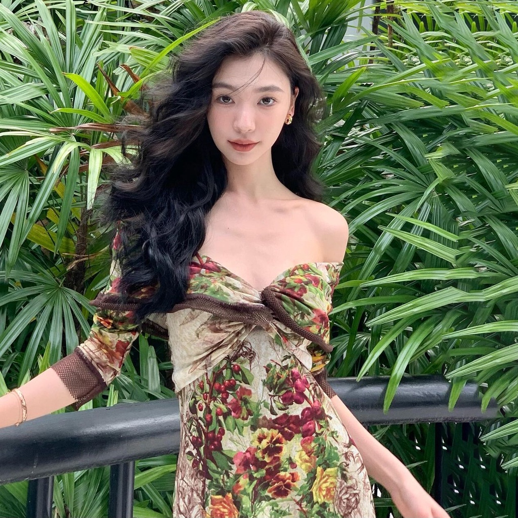 Weird Puss Đầm Midi Tay Dài Trễ Vai Ôm Dáng In Họa Tiết Hoa Thanh Lịch Cổ Điển Quyến Rũ Cho Nữ