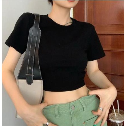 Áo Thun Crop Top Tay Ngắn Cổ Tròn Màu Đen Thời Trang Mùa Hè Cho Nữ CY03
