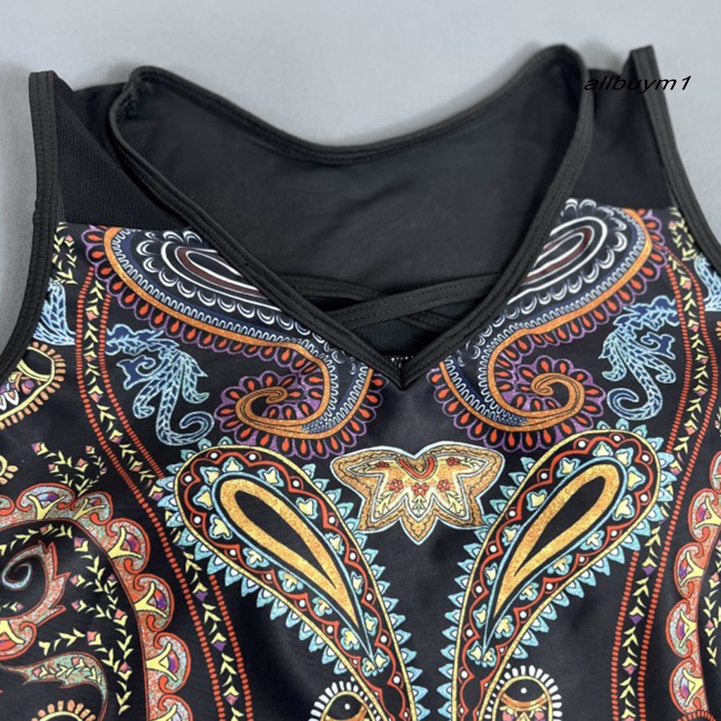 Bộ Đồ Bơi 2 Mảnh Áo Cổ Chữ V Không Tay + Quần Đùi Thể Thao In Họa Tiết Hoa Plus Size Dành Cho Nữ