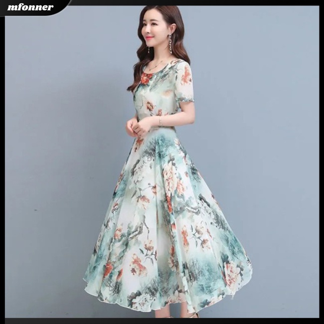 Đầm Dài Cổ Tròn Tay Ngắn Eo Cao In Họa Tiết Hoa Thời Trang Mùa Hè Xinh Xắn Cho Nữ