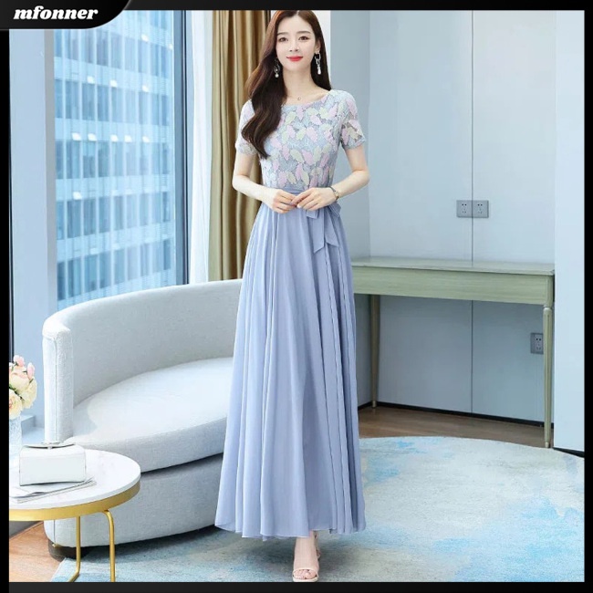 Đầm Midi Tay Ngắn Cổ Tròn Màu Sắc Tương Phản Thời Trang Mùa Hè Dành Cho Nữ