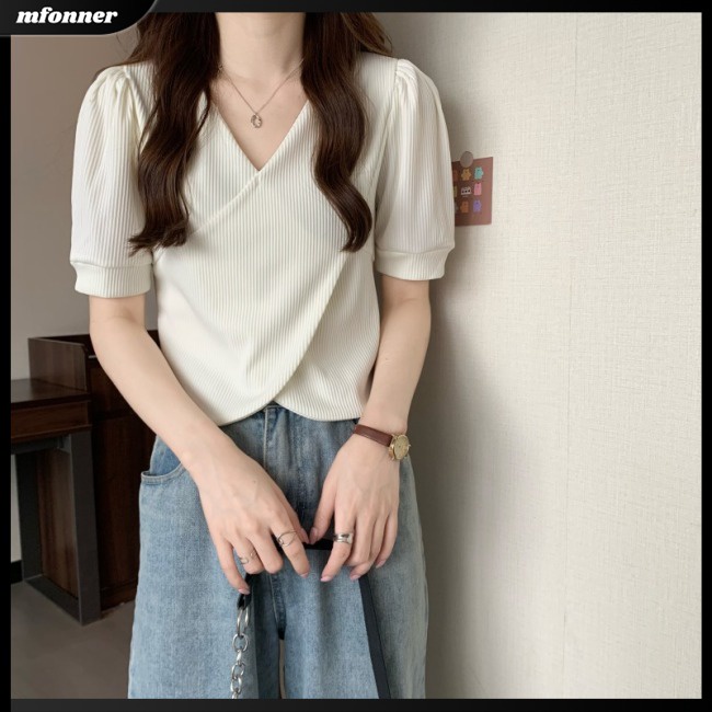 Áo Kiểu Ngắn Tay Cổ Chữ V Màu Sắc Trơn Thời Trang Mùa Hè Cho Nữ