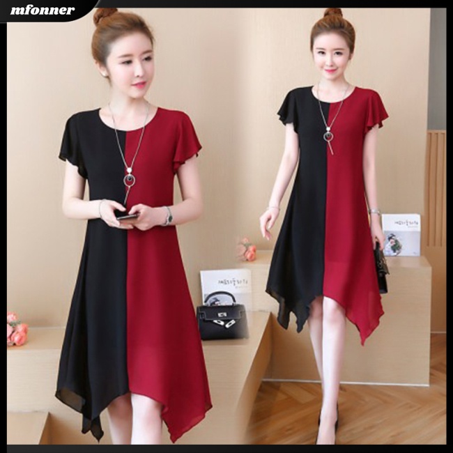 Đầm Midi Chữ A Tay Ngắn Cổ Tròn Màu Sắc Tương Phản Thời Trang Mùa Hè Cho Nữ