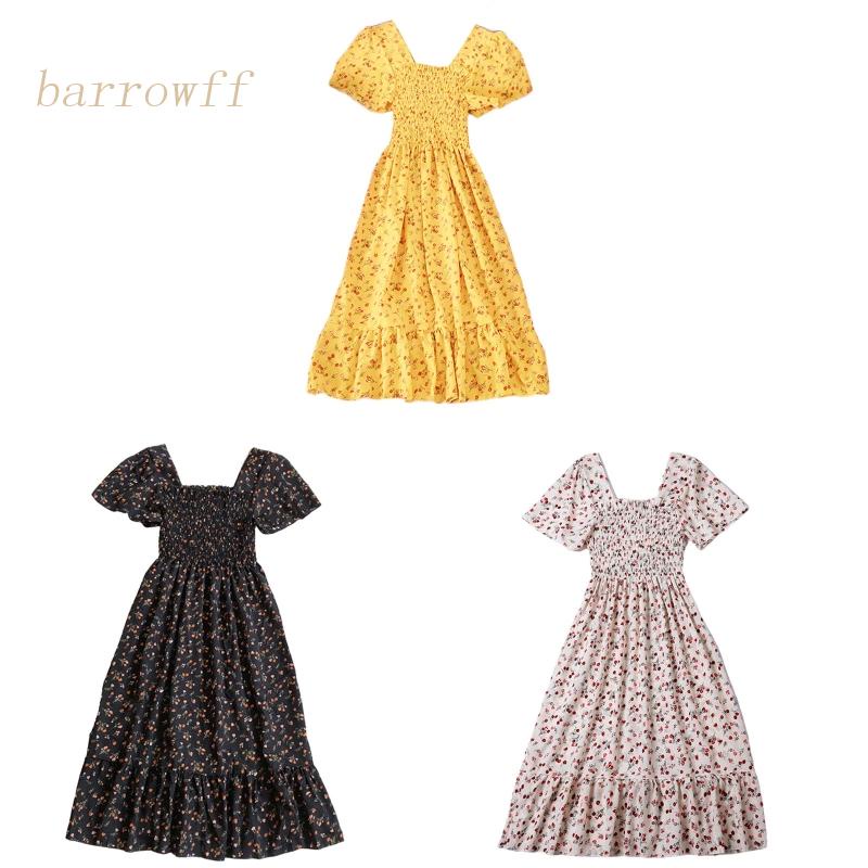 Đầm Midi Dài Dáng Chữ A Tay Ngắn Loe Cổ Vuông In Hoa Cài Nút Thời Trang Cho Nữ