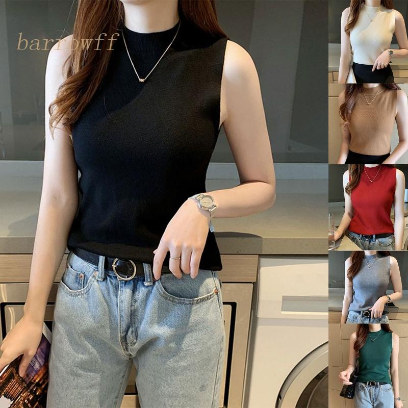 Brroa Áo Tank Top Dệt Kim Cổ Lọ Không Tay Màu Trơn Ôm Dáng Cho Nữ