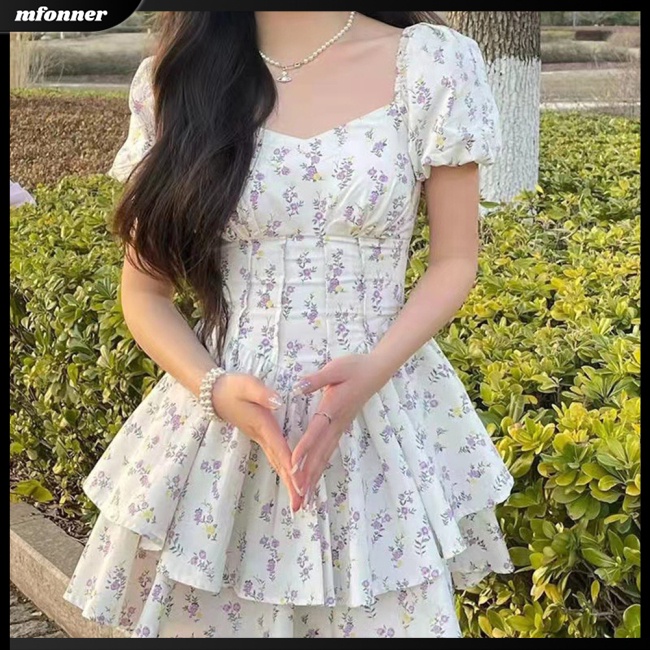 Đầm Công Chúa Dáng Chữ A Tay Phồng Cổ Vuông in Hoa Ngọt Ngào