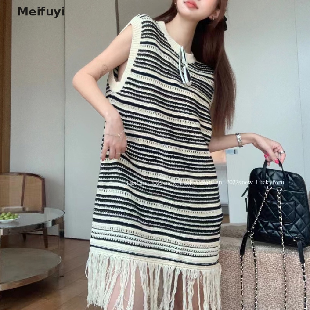 Đầm Dệt Kim Không Tay Dáng Rộng Họa Tiết Kẻ Sọc Phối Tua Rua Phong Cách Hàn Quốc Thời Trang Mùa Hè Cho Nữ