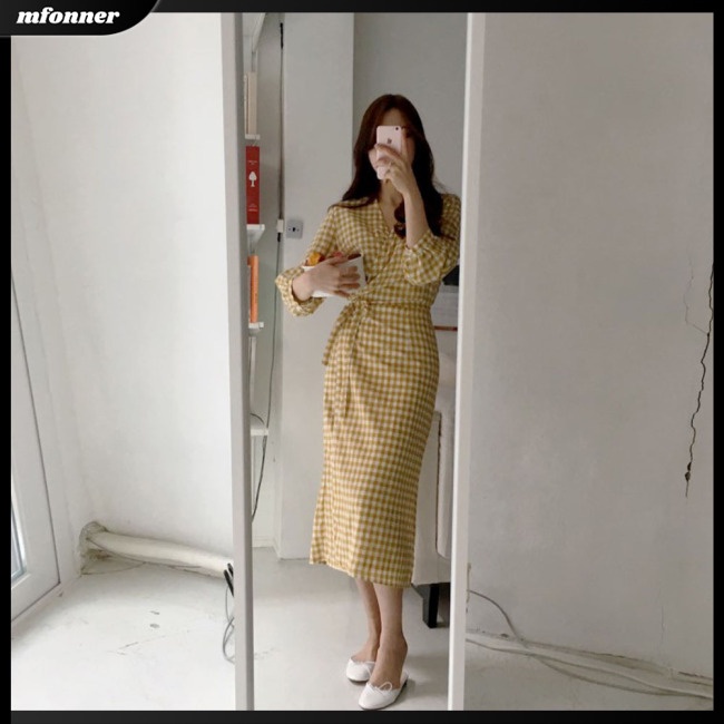 Đầm Midi Ôm Eo Cổ Chữ V In Họa Tiết Caro Quyến Rũ Thời Trang Cho Nữ