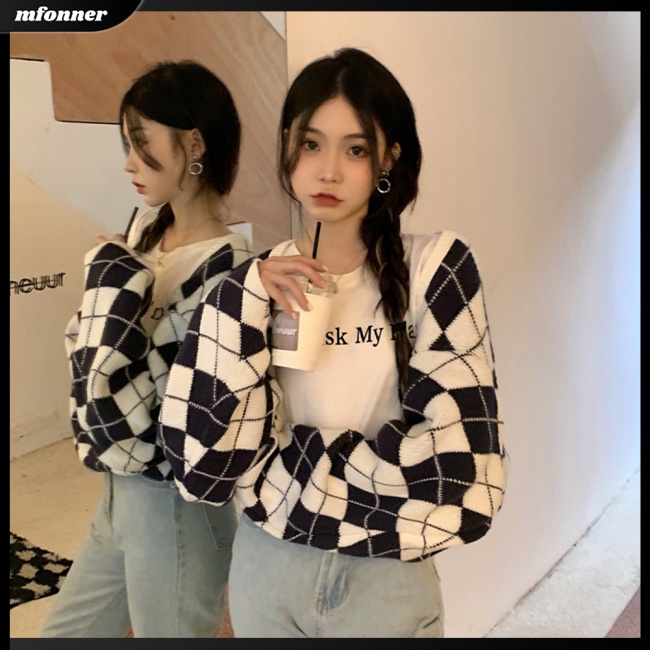 Áo Khoác Cardigan Dệt Kim Tay Dài Dáng Ngắn Ôm Hở Vai Họa Tiết Hình Thoi Thời Trang Cho Nữ