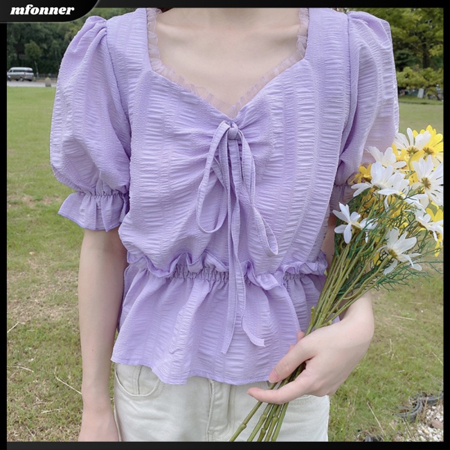 Áo Kiểu Tay Phồng Cổ Chữ V Màu Sắc Ngọt Ngào Nữ Tính