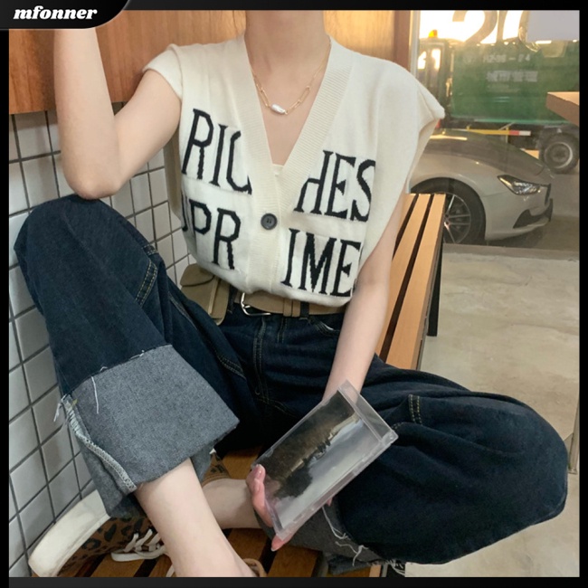 Áo Khoác Cardigan Dệt Kim Dáng Rộng Cổ Chữ V Màu Trơn In Chữ Thời Trang Cho Nữ