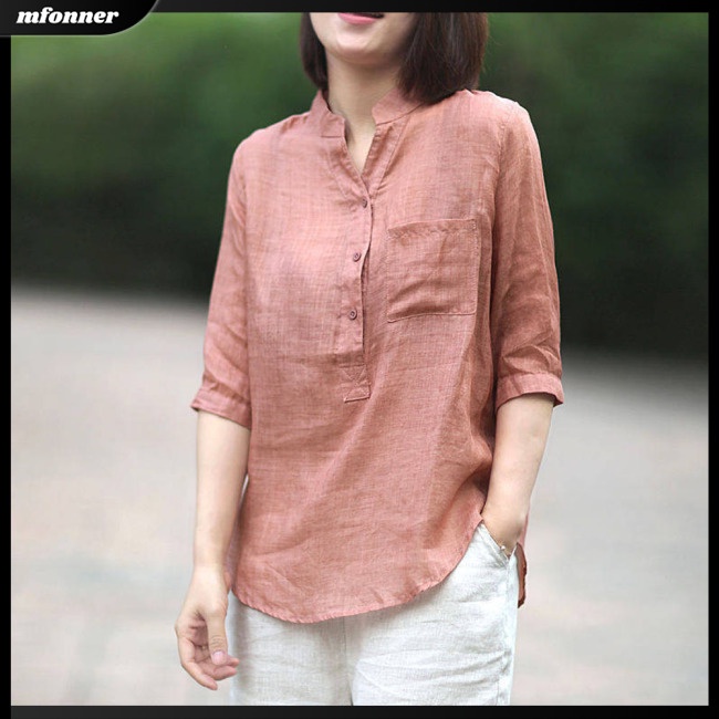 Áo Sơ Mi Cotton Lanh Cổ Đứng Dáng Rộng Tay Lửng Thời Trang Mùa Hè Cho Nữ