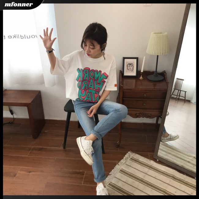 Áo Thun Tay Ngắn Dáng Rộng In Chữ Thời Trang Cho Bạn Gái