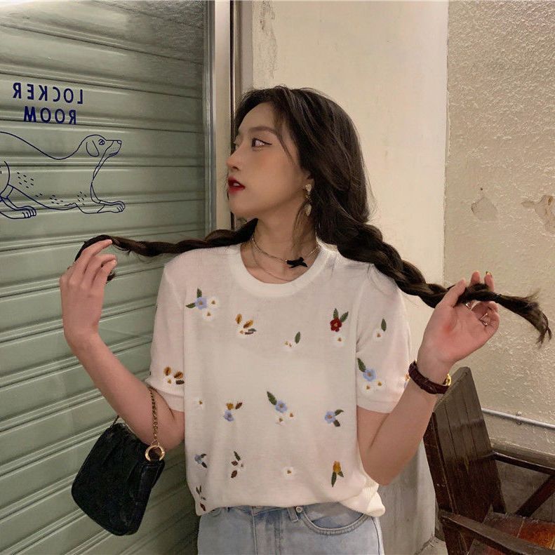 Áo Dệt Kim Dáng Rộng Thêu Họa Tiết Xinh Xắn Theo Phong Cách Mùa Hè Pháp Dành Cho Nữ