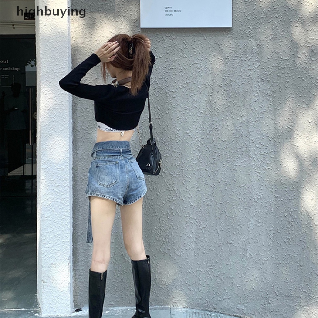 Quần Short Denim Lưng Cao Ống Rộng Phối Rách Kiểu Vintage Cá Tính Cho Nữ