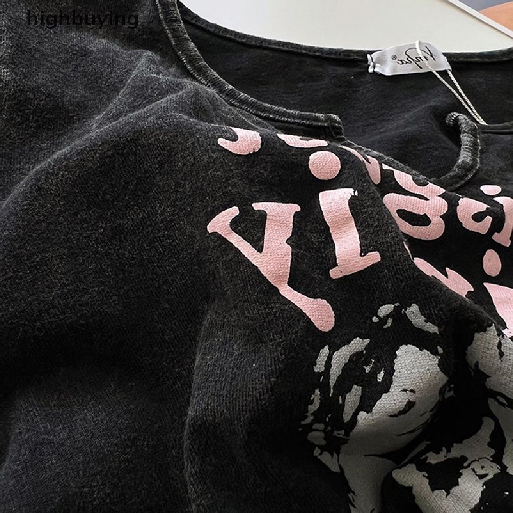 Áo Thun Tay Ngắn Cổ Chữ V Phối Dây Rút In Họa Tiết Phong Cách Retro Cho Nữ