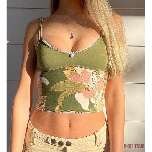 Áo Croptop Hai Dây Phối Ren Hoa y2k Phong Cách Thời Trang Đường Phố 2000s