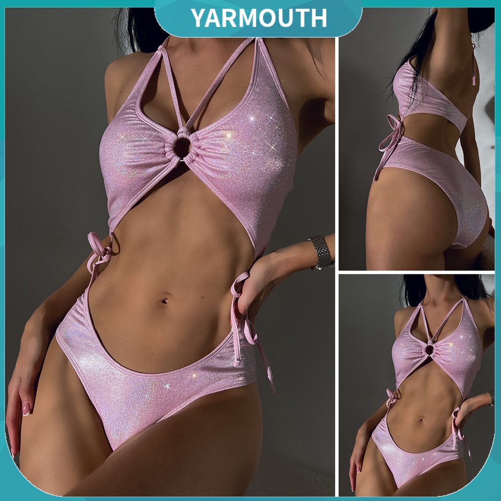 Bộ Bikini Một Mảnh Hở Lưng Màu Hồng Sáng Bóng Quyến Rũ Cho Nữ